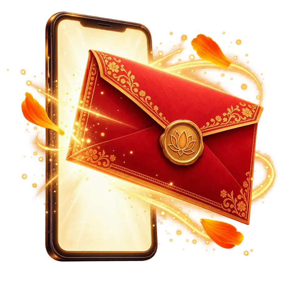 A red wedding envelope bursting out of a glowing phone