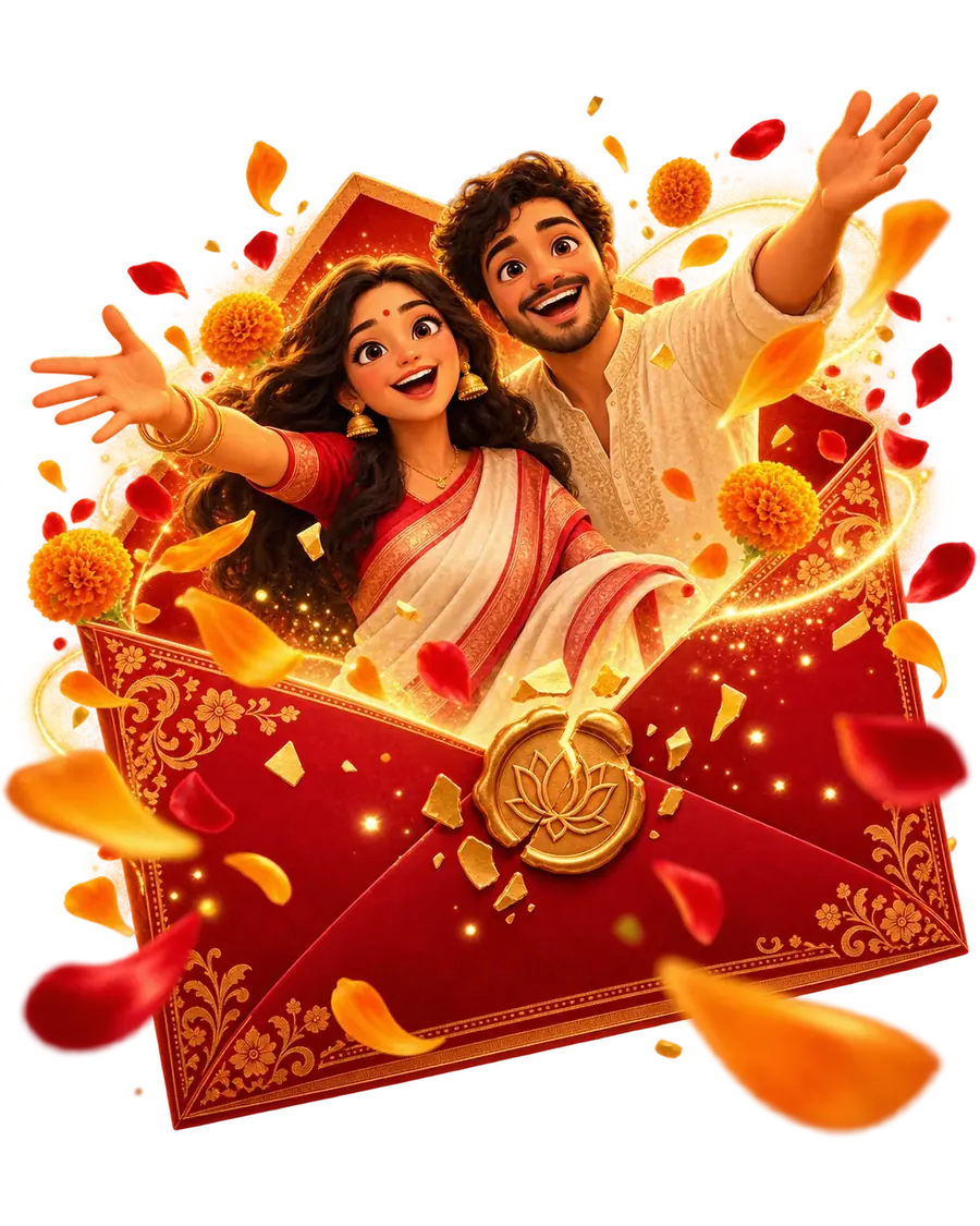 Mitali and Arjun pop out of the opened envelope, waving