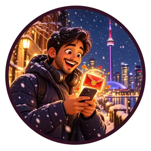 Rohan in snowy Toronto, opening the invitation on his phone