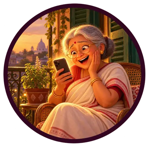 Dida on her Kolkata balcony, delighted by the invitation on her phone