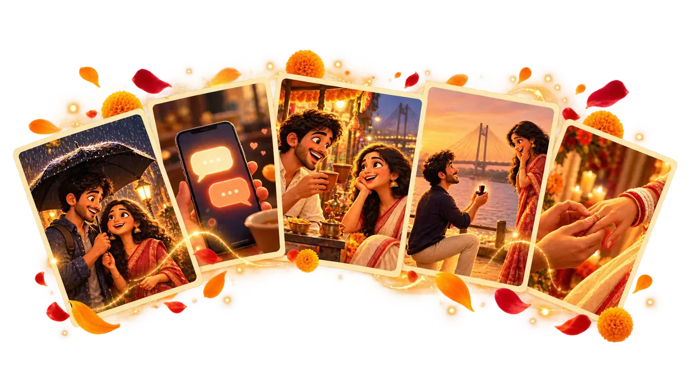 Story cards: the umbrella, the first messages, tea at a stall, the proposal, the ring