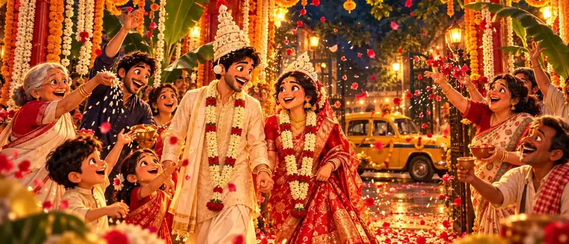 Illustrated Pune wedding: the family showers the couple with petals