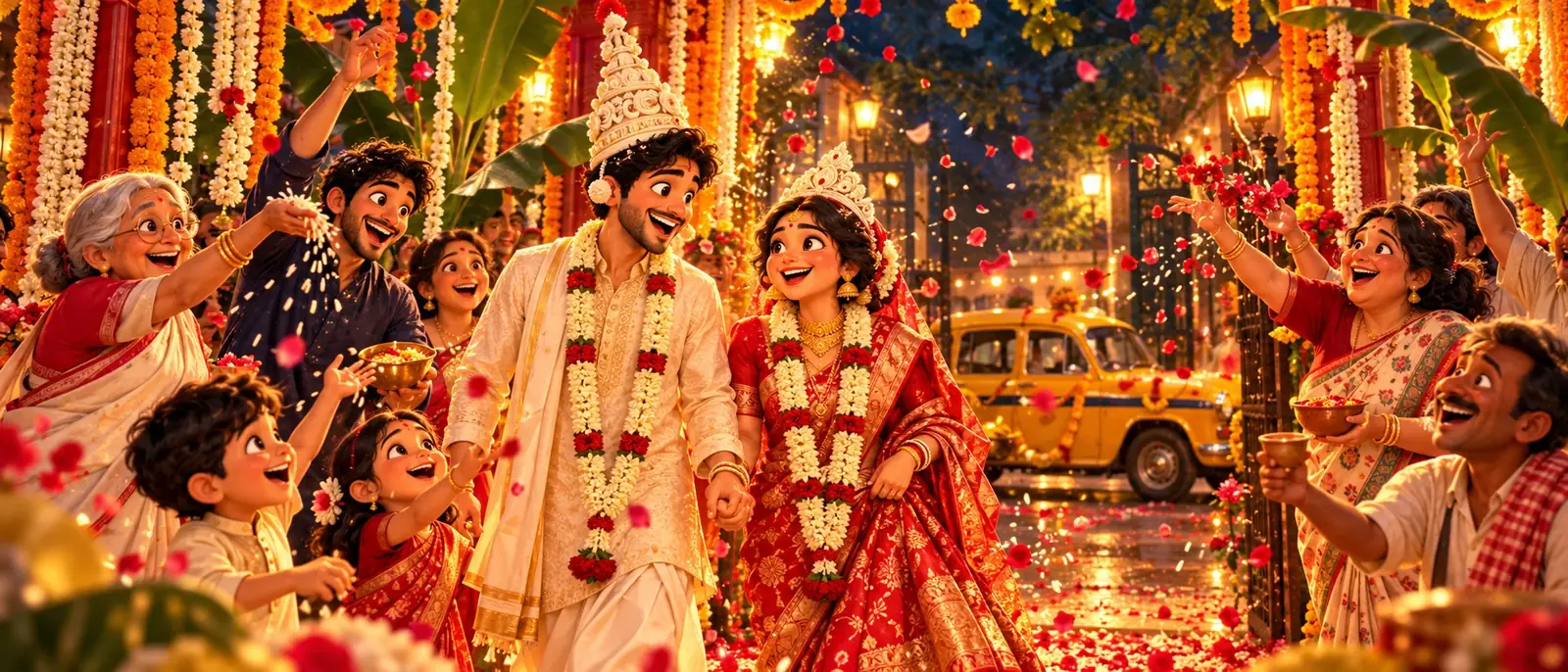 The whole family showers Mitali and Arjun with petals at the wedding, a garlanded yellow taxi at the gate