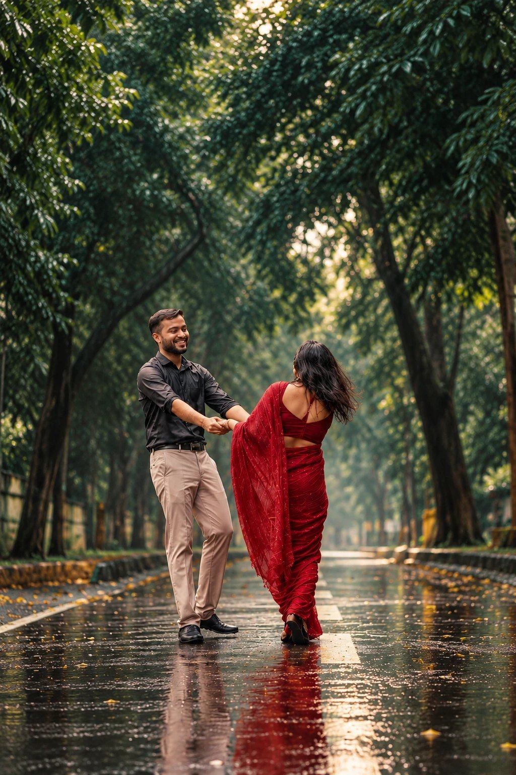 Mitali and Arjun dancing on a rain-wet avenue